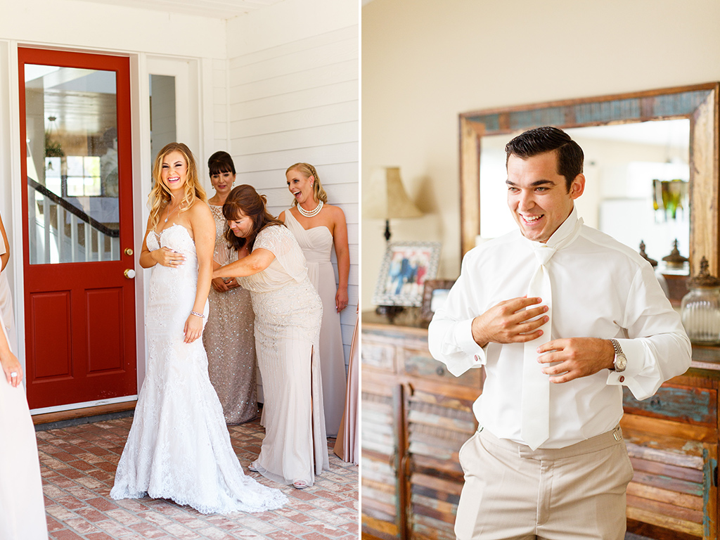 Bride and groom getting dressed at their Higuera Ranch wedding
