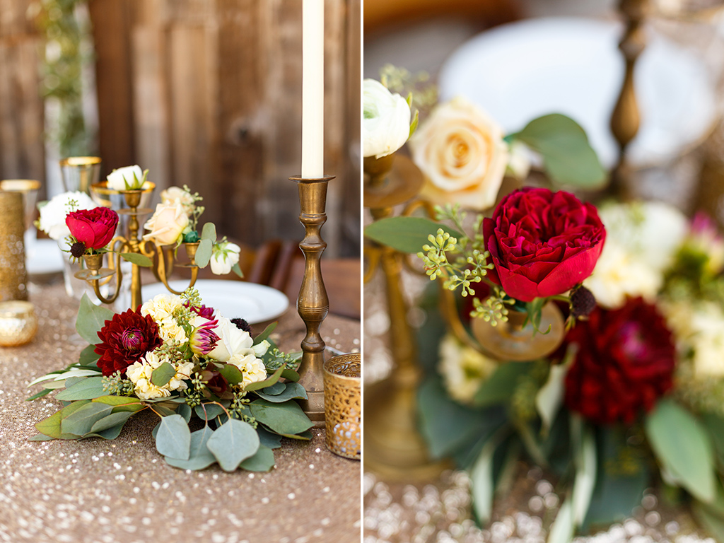 Stunning reds in elegant centerpieces by Fluid Bloom at Higuera Ranch wedding