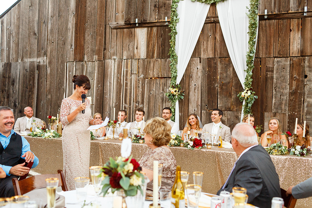Mother of the groom giving toast at wedding at Higuera Ranch
