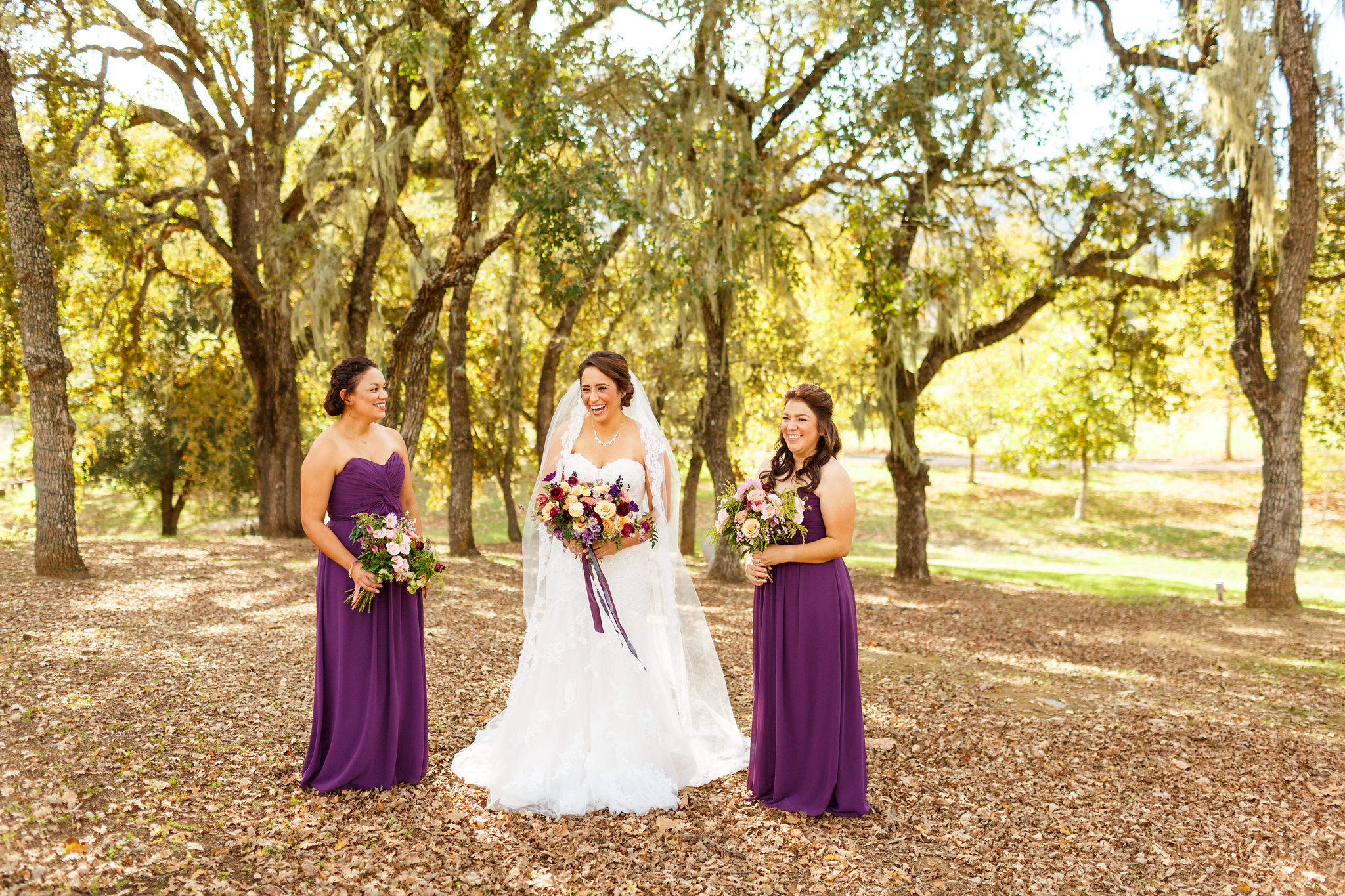 Bride and bridesmaids under the oaks at Spanish Oaks Ranch