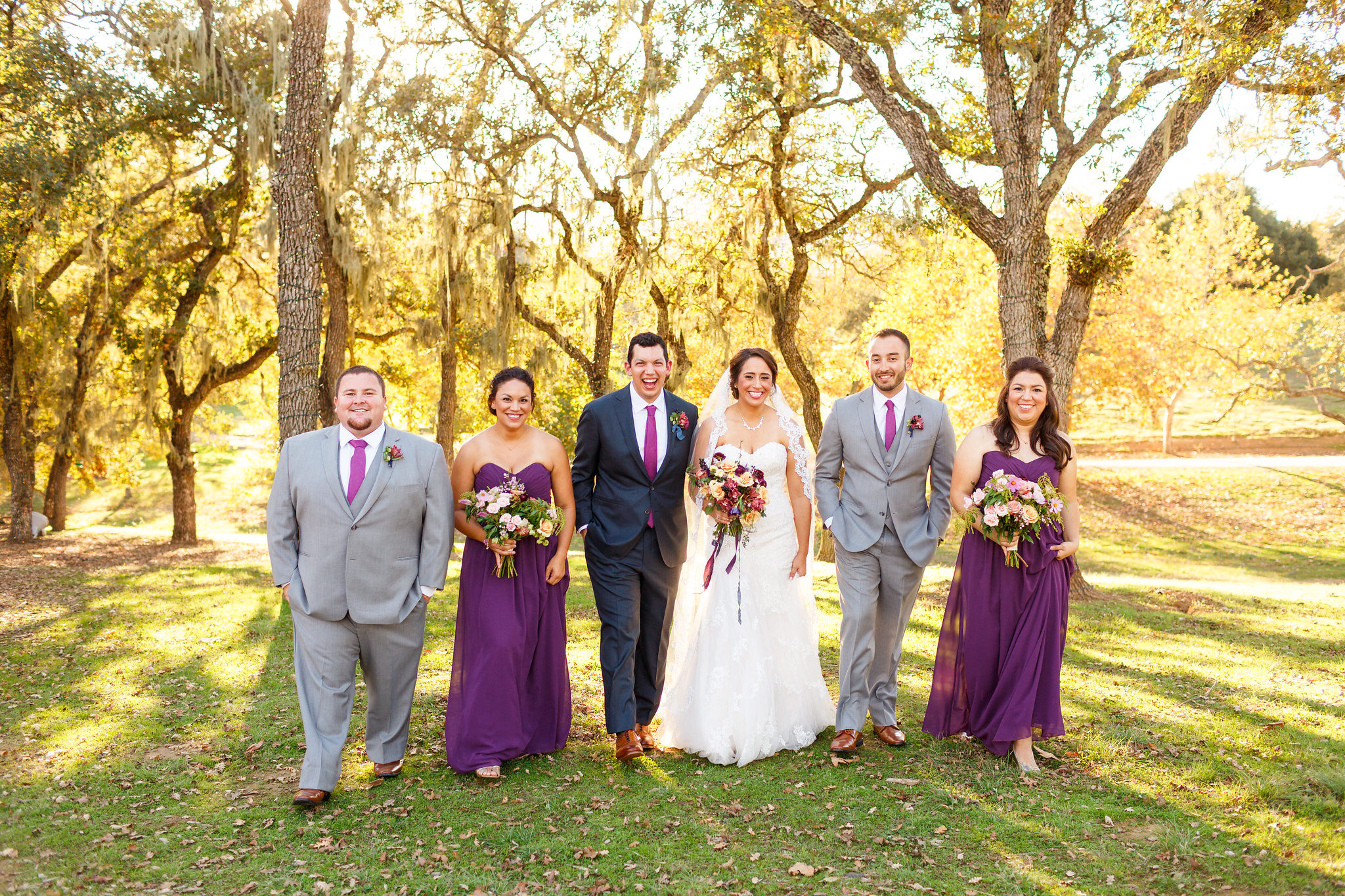 Wedding party in purple and gray at Spanish Oaks Ranch wedding