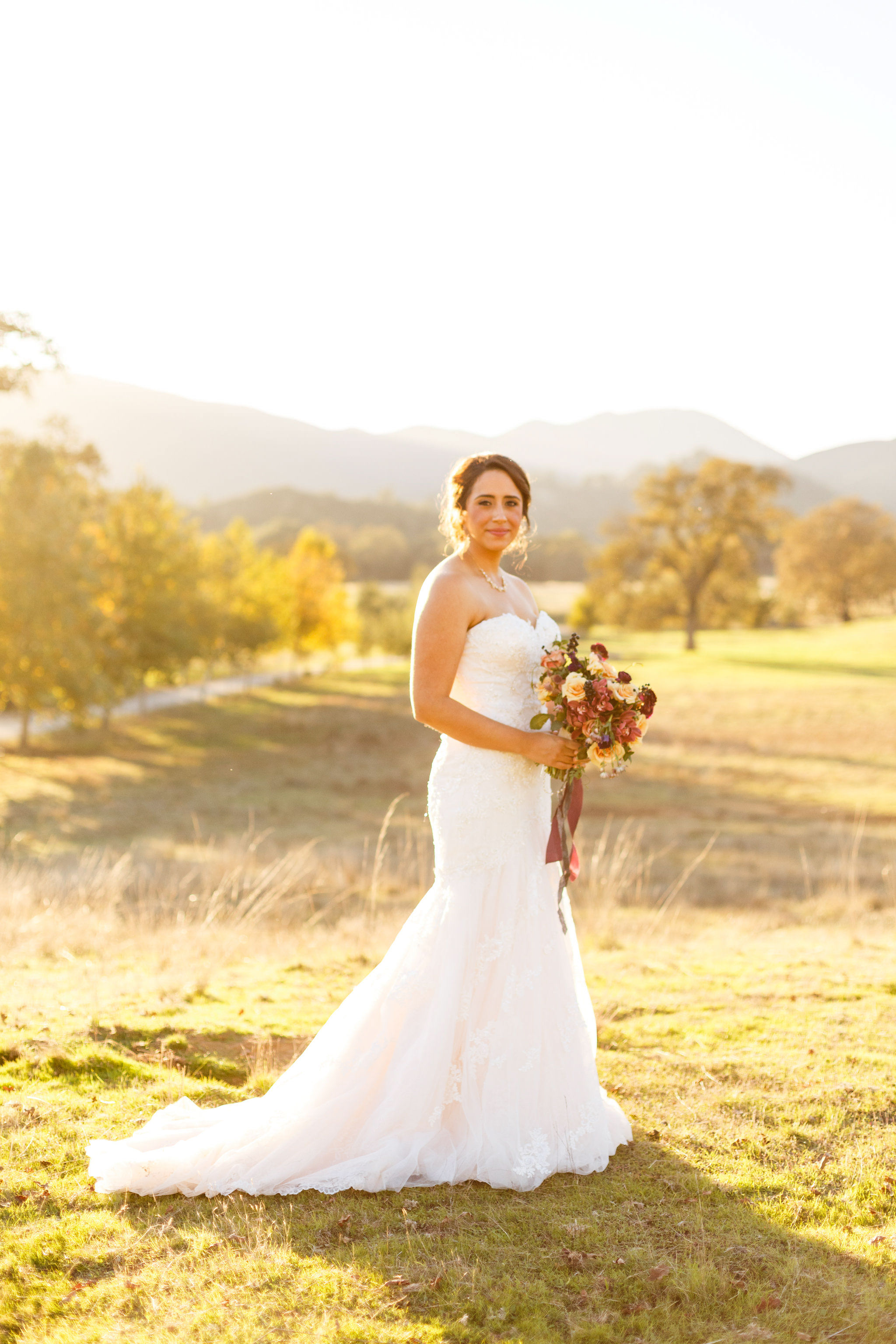 Bridal portraits during sunset after wedding at Spanish Oaks Ranch