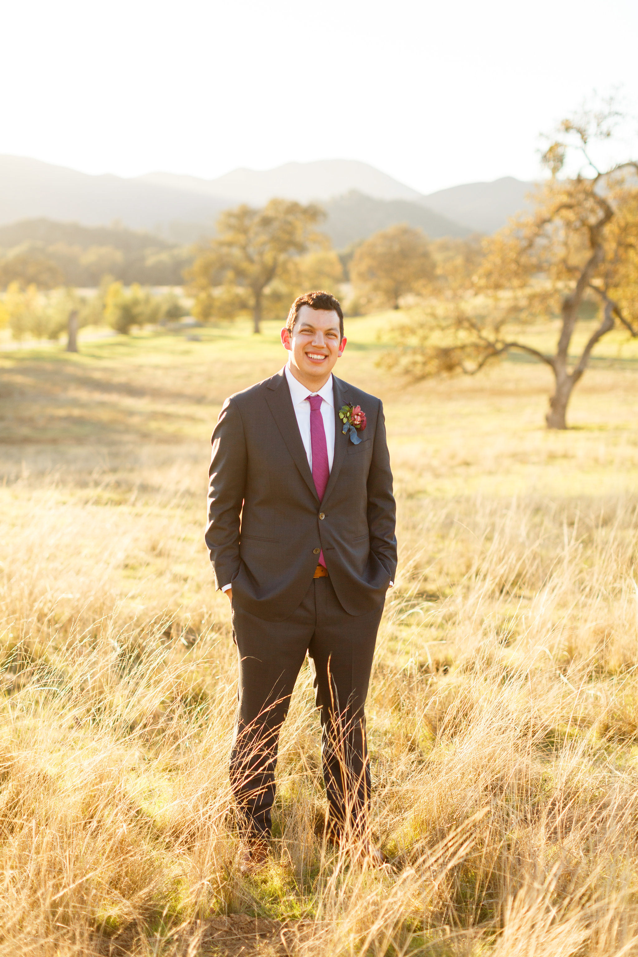 Groom portraits during sunset after wedding at Spanish Oaks Ranch